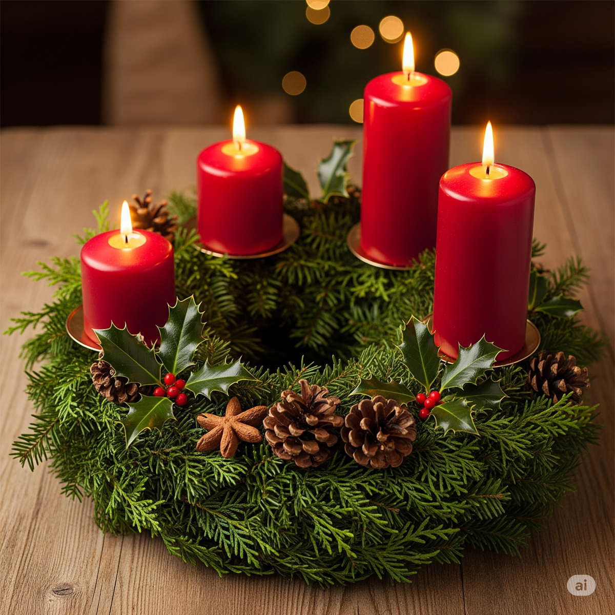 Weihnachtskranz mit vier brennenden Kerzen