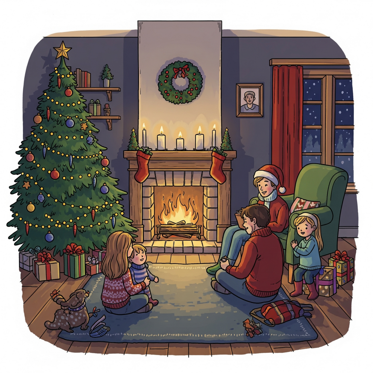 Illustration: Familie sitzt gemütlich am Kamin. Im Hintergrund steht ein üppiger Weihnachtsbaum mit Geschenken