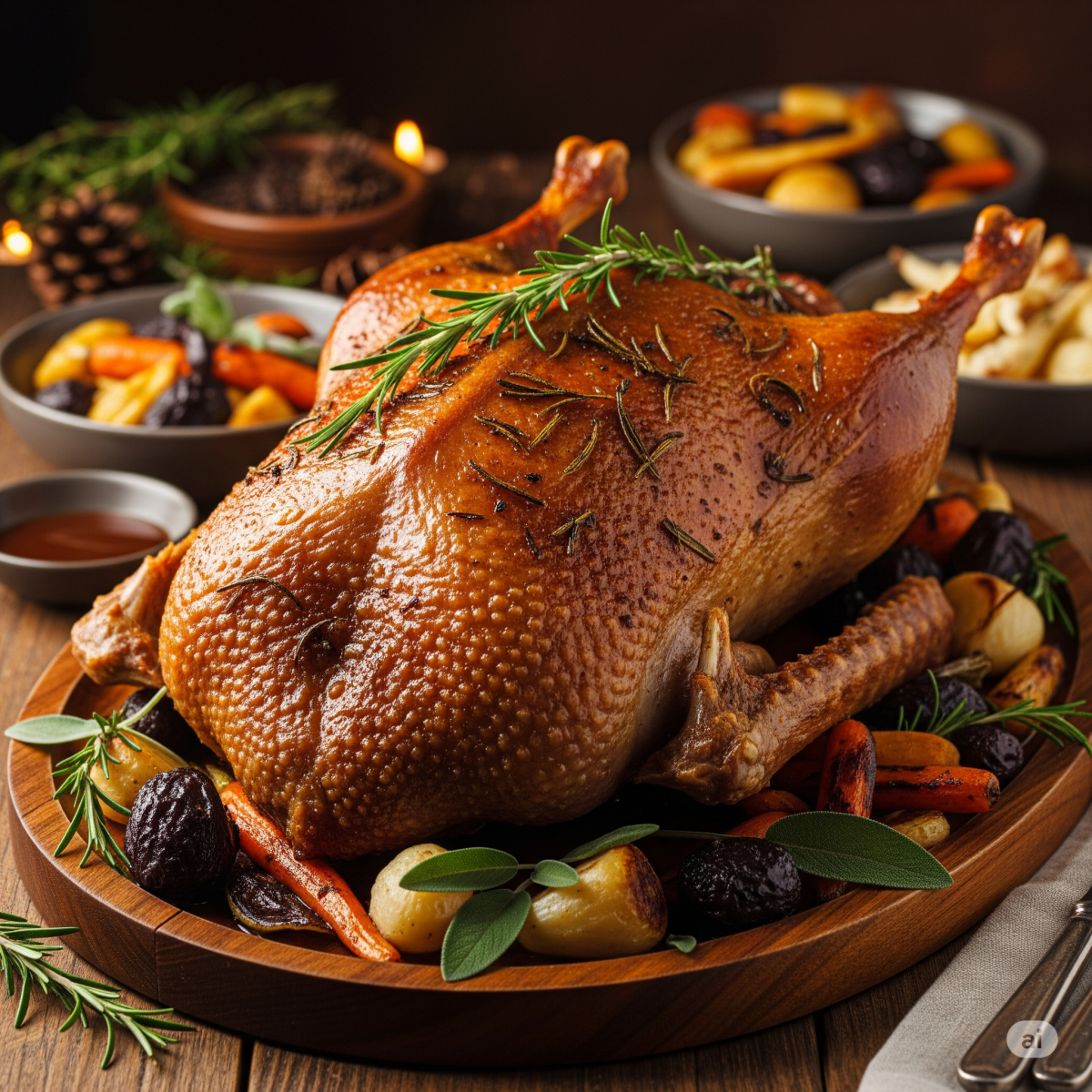 Knusprige Weihnachtsgans mit Kartoffel und Gemüse garniert